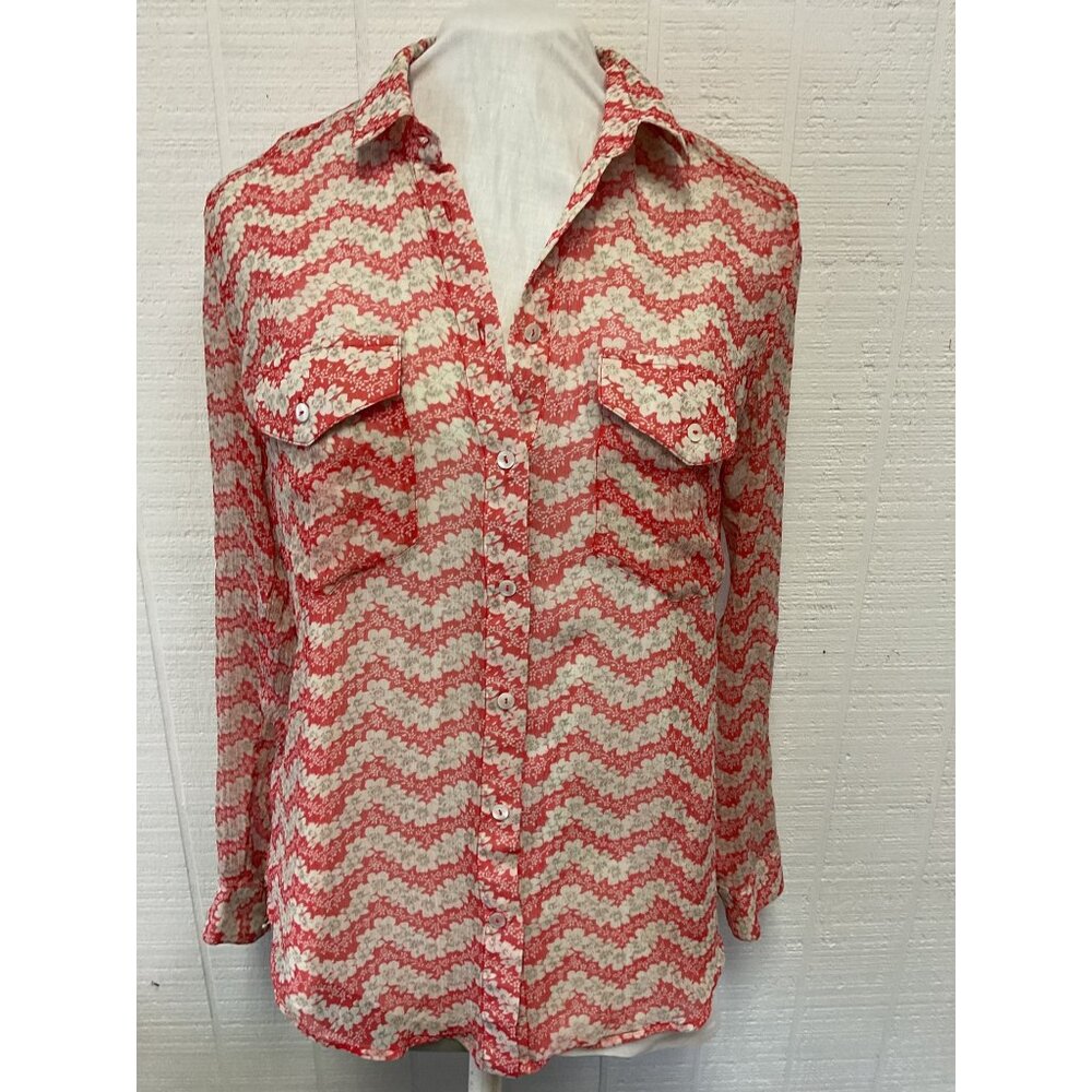 The Kooples Sheer Red & White Floral Print Silk Button-Up Shirt Size S